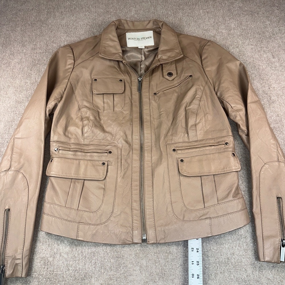 Boston Proper Tan Leather Utility Moto Jacket Size 10 Taupe Full Zip Pocketed